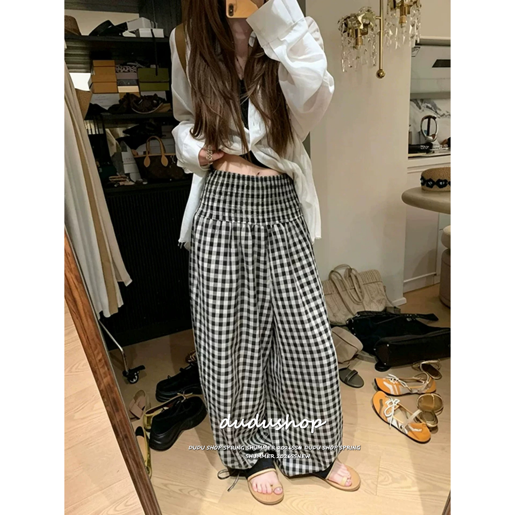 [Plaid contrasting lantern pants]วินเทจลมผู้หญิงบางเอวสูงเทรนด์ตรวจสอบกางเกงลำลองโคมไฟ