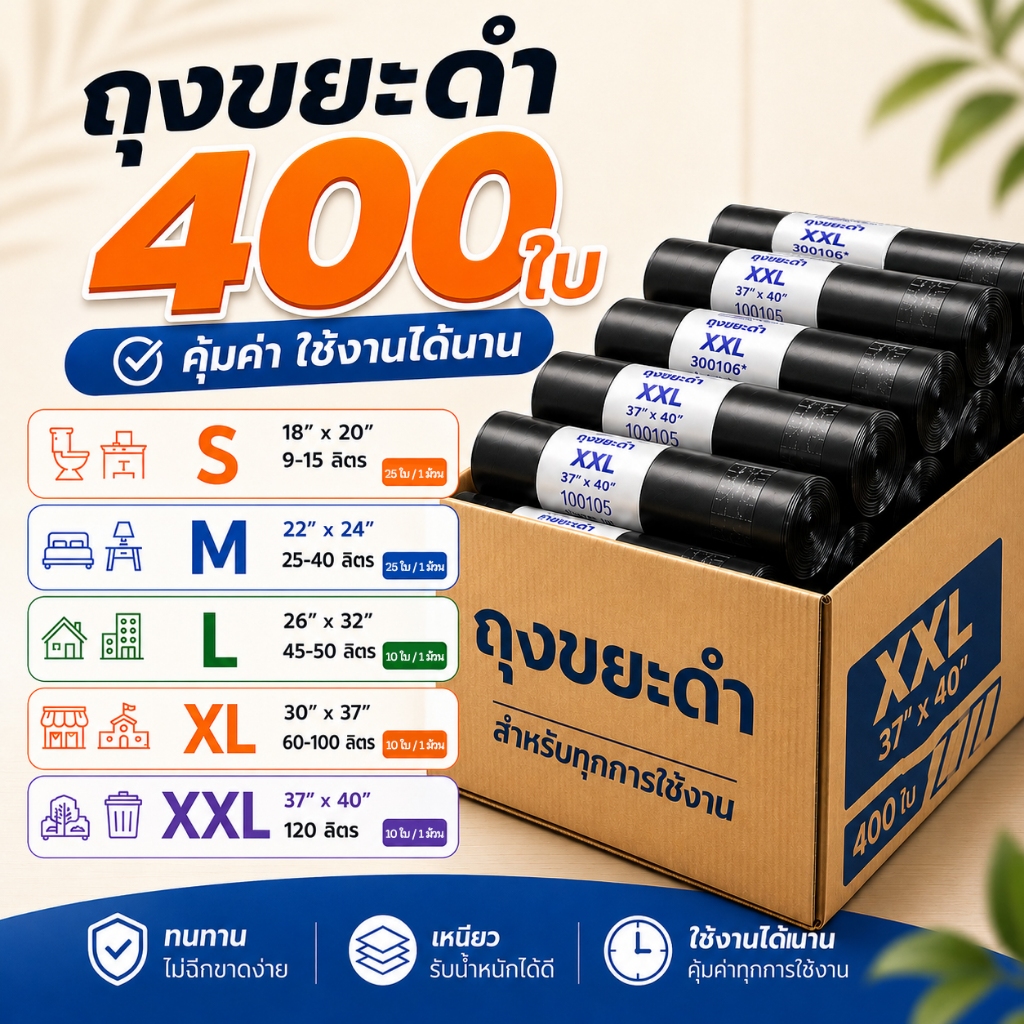 ถุงขยะ ถุงดำ ถุงพลาสติก เหนียวพิเศษ ม้วนใหญ่ พร้อมส่ง ไร้กลิ่น เกรด A ห้องน้ำ ห้องครัว ห้องนอน ถุงทำความสะอาด