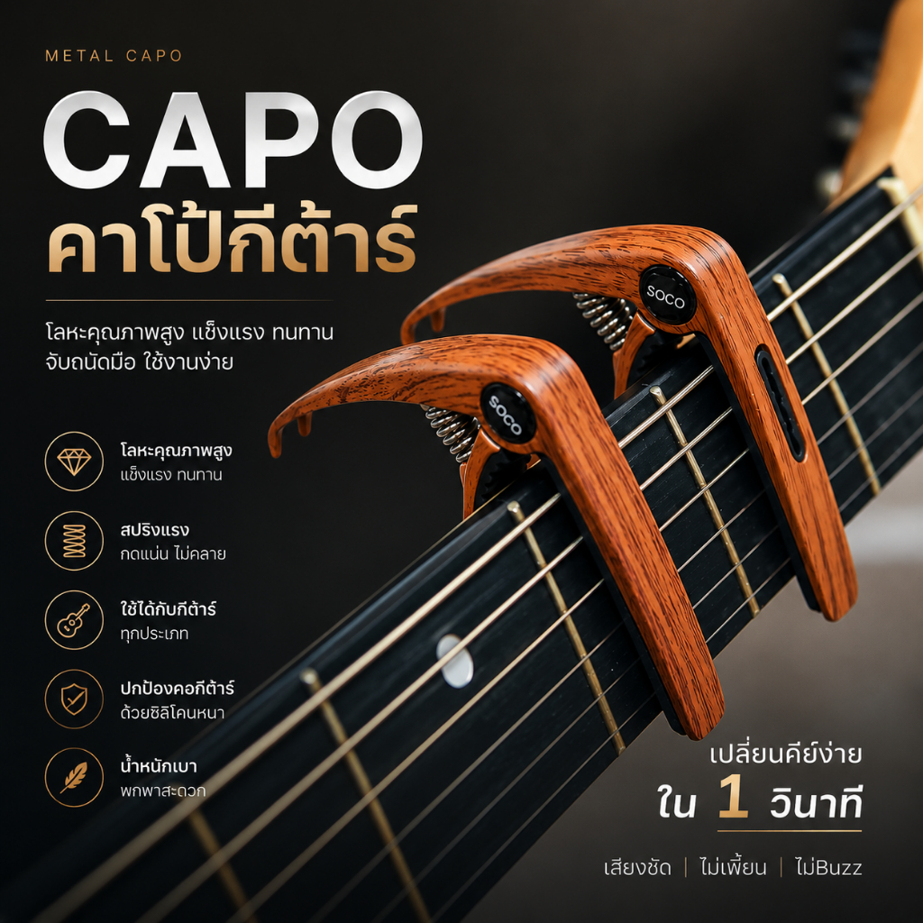 Capo คาโป้เหล็กหนีบแน่น เสียบปิ๊กได้ ใช้ได้กับกีต้าร์โปร่ง-ไฟฟ้า และอูคูเลเล่ แถมฟรีปิ๊ก