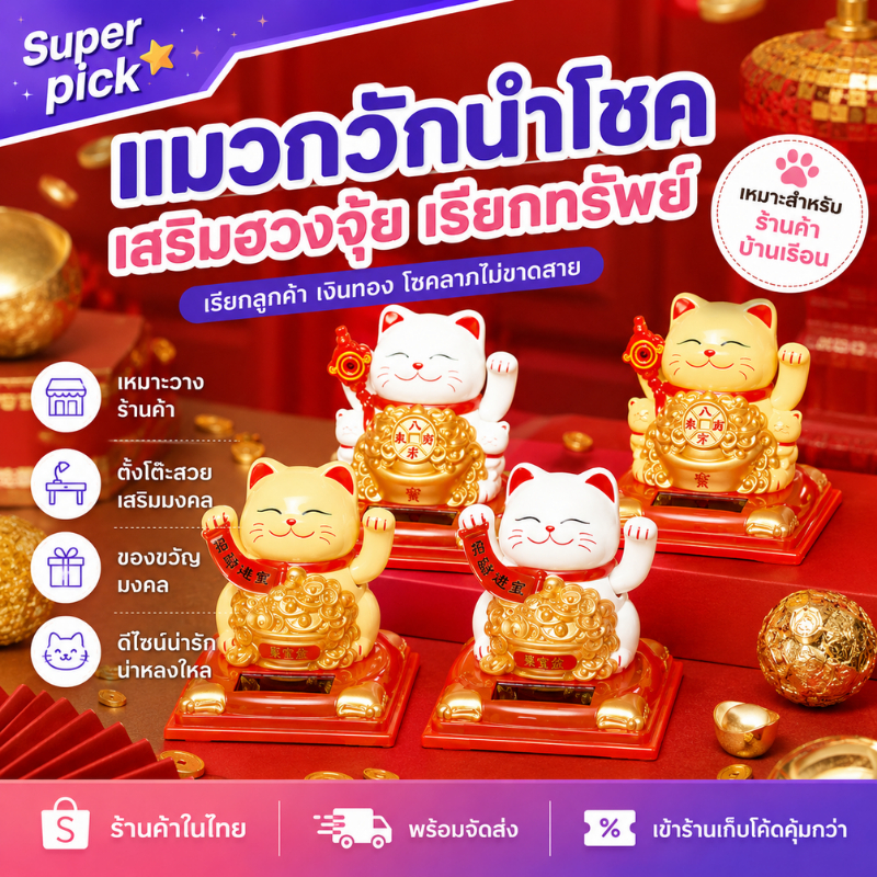 แมวกวักอ้วนร่ำรวย นำโชค สไตน์ญี่ปุ่น ใช้แสงพระอาทิตย์ ตกแต่งร้าน ห้อง โต๊ะทำงาน ฮวงจุ้ย แมวน้ำโชคสีทอง