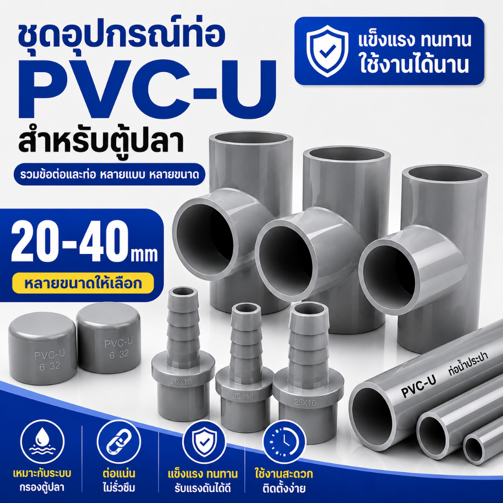 ชุดอุปกรณ์ท่อ PVC-U สำหรับตู้ปลา ข้อต่อท่อ PVC ระบบกรองตู้ปลา DIY ครบชุด ท่อ ข้องอ สามทาง บอลวาล์ว หลายขนาด 20-40 มม.