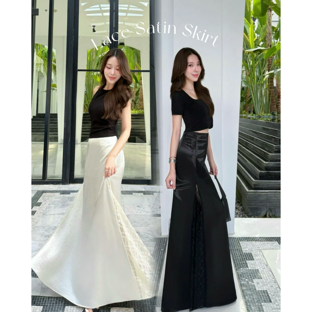 (เฉพาะกระโปรง) Black/ White Lace Satin Skirt (Only Skirt)