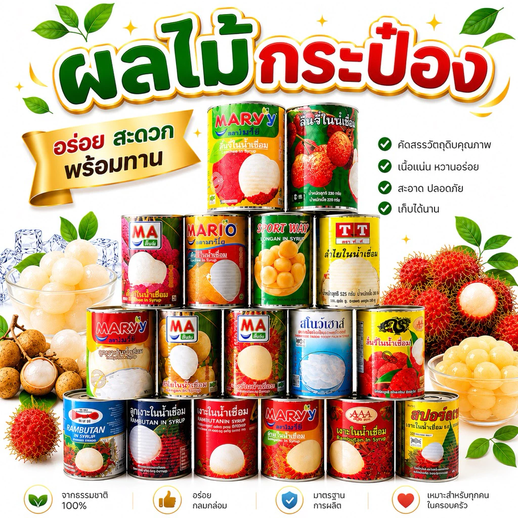 (เซต3) ผลไม้กระป๋อง เงาะ ลำใย ลิ้นจี่ ลูกตาล มีหลายแบบ