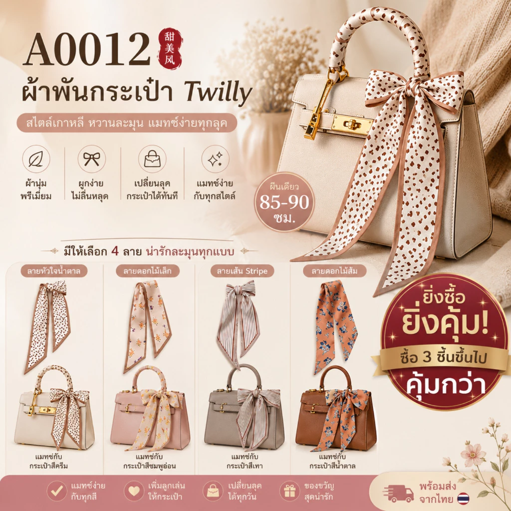 Twilly ผ้าพันหูกระเป๋า ผ้าพันกระเป๋า ซาติน 90 ซม. ลายเกาหลี หัวใจ ดอกไม้ มินิมอล พร้อมส่ง A0012