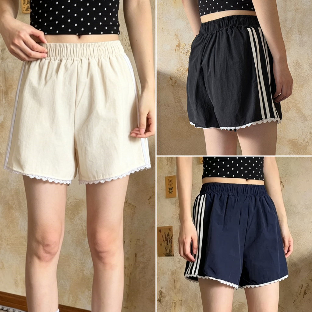 Bella Shop กางเกงขาสั้นหญิง กางเกงขาสั้นเอวสูงขากว้าง ดีไซน์ขอบลูกไม้ ยืดได้เยอะ สไตล์สปอร์ตหลวมๆสบายๆ