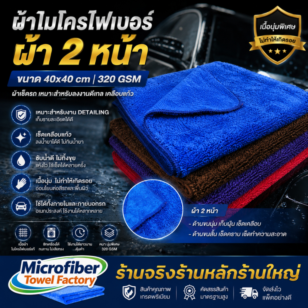 ผ้าไมโครไฟเบอร์ ผ้า2หน้า ขนาด 40x40 cm 320 gsm ผ้าเช็ดรถ เหมาะสำหรับลงงานดีเทล เคลือบแก้ว