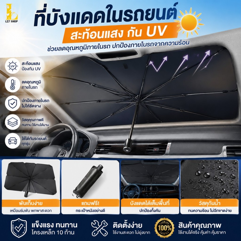 ส่งไว ม่านบังแดด บังแดดรถยนต์ ที่บังแดดในรถยนต์ สะท้อนแสงกัน UV แถมกระเป๋าหนัง ใช้ได้กับรถยนต์ทุกยี่ห้อ ร่มบังแดดในรถ