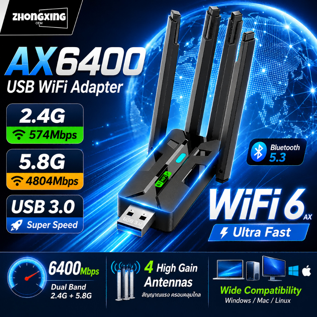 【รับประกัน10ป】USB WIFI อะแดปเตอร์ USB 3.0 WiFi6&Bluetooth 5.4 6400Mbps 4 เสาอากาศ ไร้ไดรเวอร์ความถี่คู๋ 2.4G/5GHz