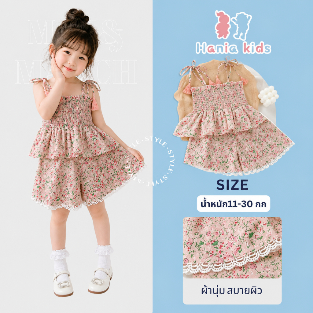 Hania Kids พร้อมส่ง ชุดเซ็ตเสื้อกางเกง ลายดอกไม้ สไตล์มินิมอล เสื้อผ้าเด็กผู้หญิง K3124542