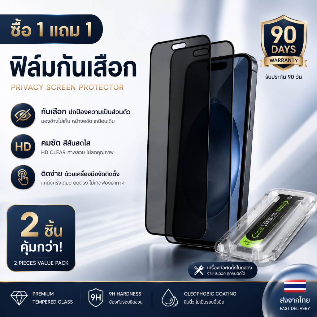【ซื้อ 1 แถม 1】ฟิล์มกันเสือก iPhone 13-17 Pro Max เต็มจอ HD ใสชัด กันมองด้านข้าง ลื่นนิ้ว ไม่ดันเคส ประกัน 90 วัน