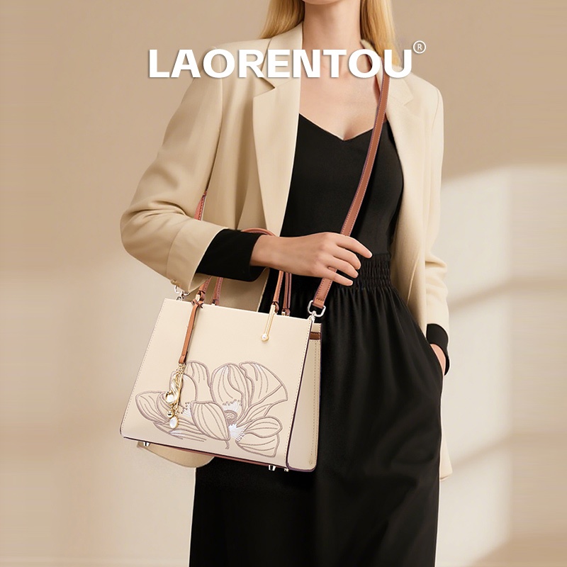 LAORENTOU กระเป๋าสะพายข้างและกระเป๋าถือผู้หญิง ทำจากหนัง PU คุณภาพสูง สีเบจ