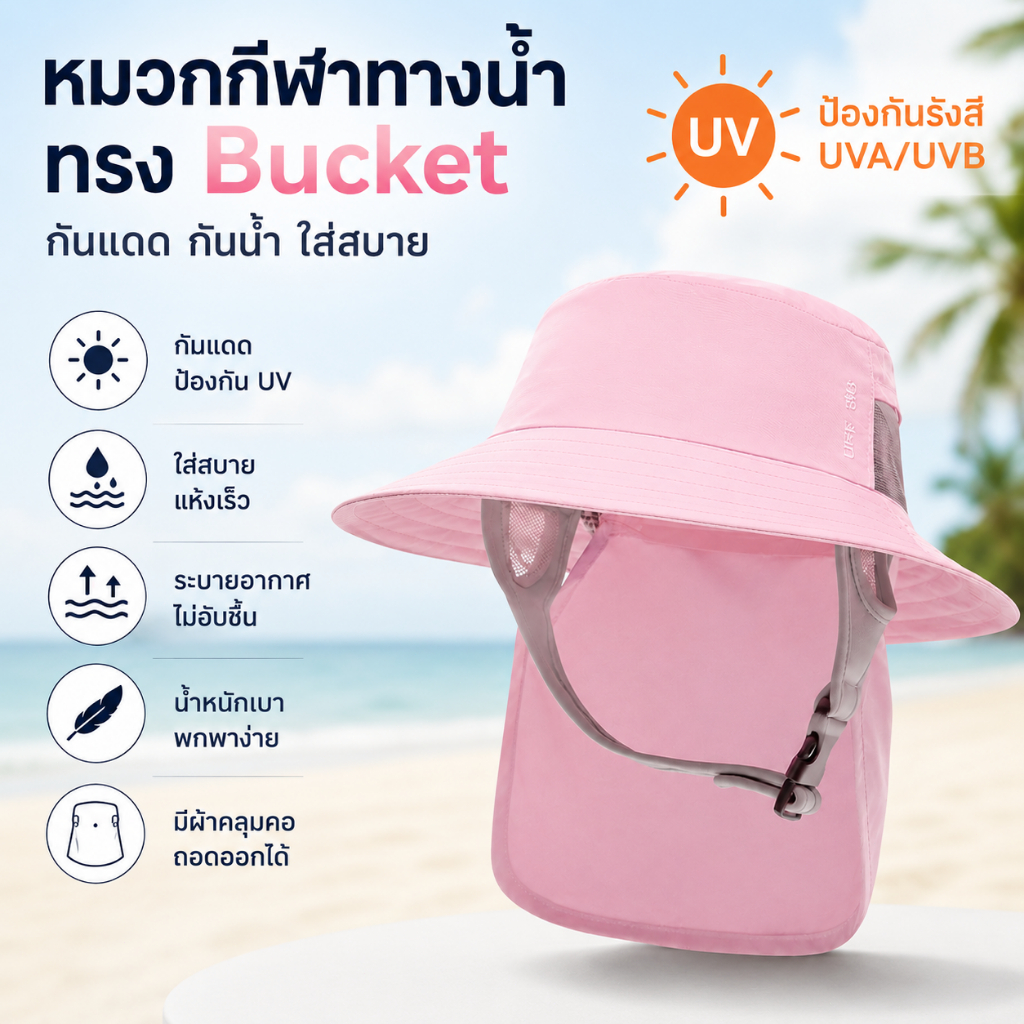 หมวกกันแดด Bucket มีผ้าคลุมคอถอดได้ กัน UV UVA/UVB หมวกกีฬาทางน้ำ หมวกตกปลา หมวกเซิร์ฟ หมวกดำน้ำ สำหรับกิจกรรมกลางแจ้ง