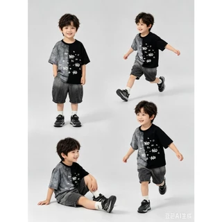 BB346 ชุดเด็กผู้ชายสไตล์วินเทจ เสื้อยืดครึ่งดำครึ่งเทาลายตัวอักษร คู่กางเกงยีนส์ฟอกสี