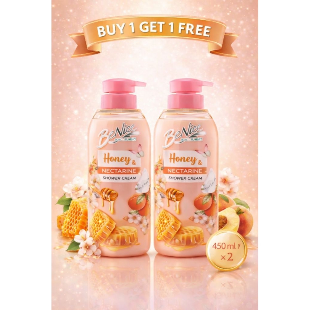 BeNice Honey &  Nectarine shower cream  บีไนซ์ ครีมอาบ ฮันนี่ แอนด์ เนคทารีน บอดี้ บัตเตอร์ 450 มล. ขวดปั๊ม