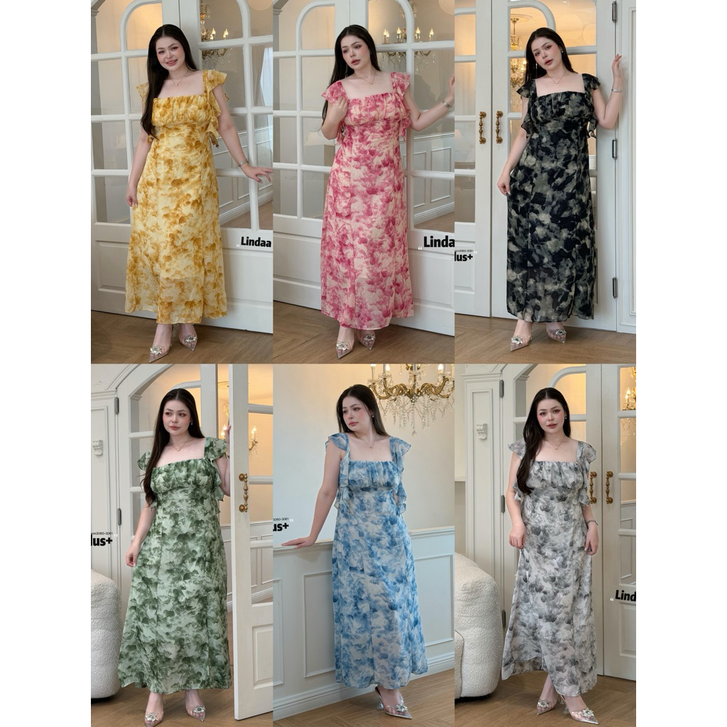 Mable Dress - เดรสตัวยาวออกงาน ผ้าชีฟองพิมพ์ลายเนื้อดี(7สี) เรียบหรูดูแพง แกลมมาก สาวอวบ ไซส์ใหญ่