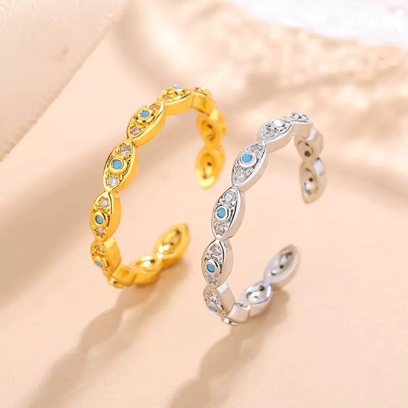 【พร้อมส่งจากไทย】Blue Evil Eye Ring แหวนตาปีศาจ บีบปรับขนาดได้ แหวนแฟชั่นลายวงรี ประดับคริสตัล CZ วัสดุเงินแท้ คุณภาพสูง