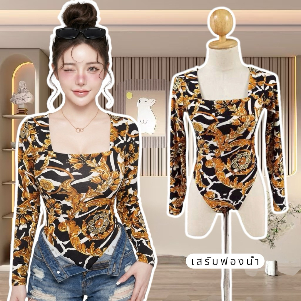 💰Pangpang💰 บอดี้สูท คอเหลี่ยม แขนสั้น/แขนยาว ผ้าลายแบรนด์ เสริมฟองน้ำ เป้าแป๊ก