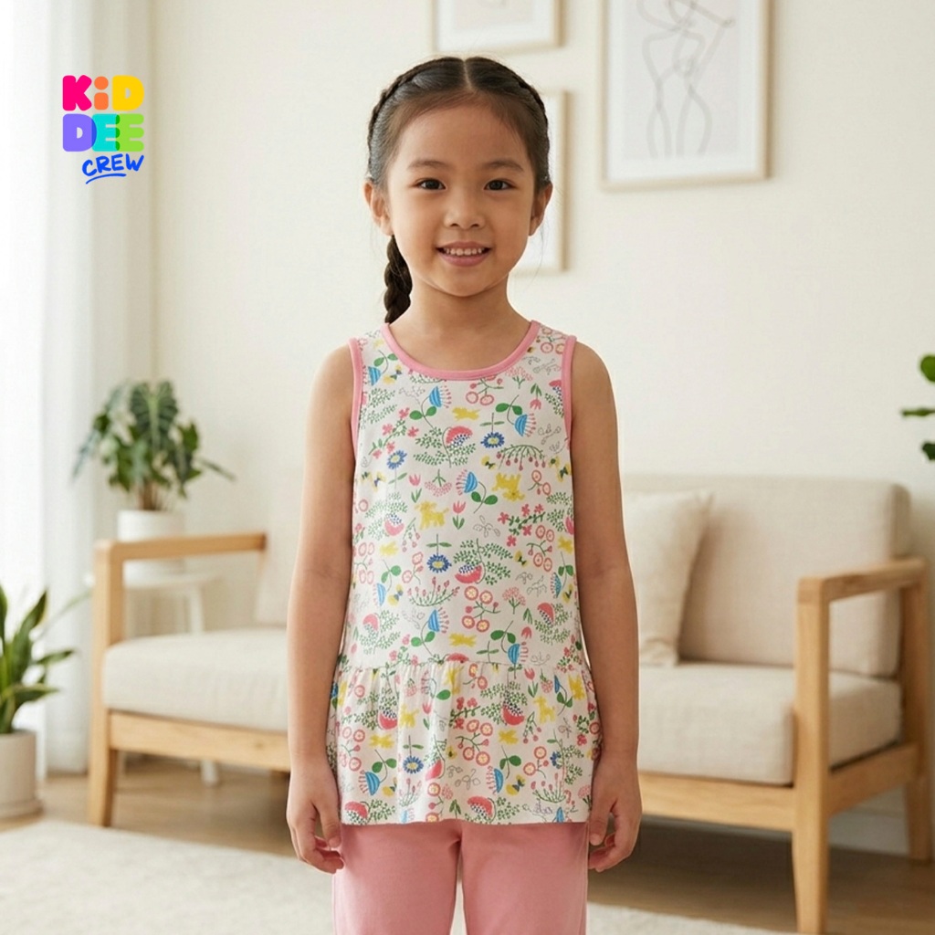 KiddeeCrew เสื้อกล้ามเด็ก สีครีมลายดอกไม้เขียว เหมาะสำหรับอายุ 1-8 ปี