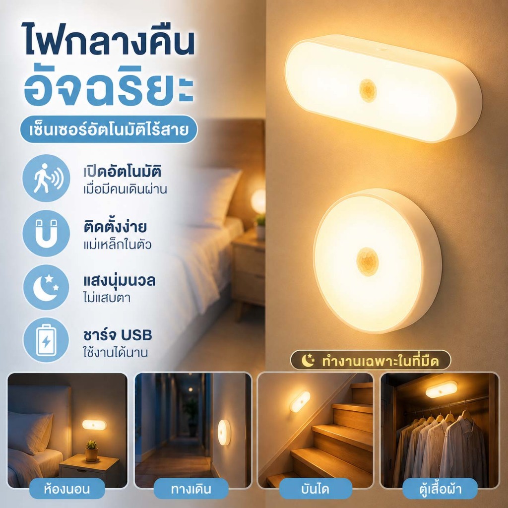 THAI ไฟเซนเซอร์ ไฟตรวจจับความเคลื่อนไหว แบบชาร์จ USB ชาร์จเจอร์ แม่เหล็ก ติดผนัง ทางเดิน ตู้เสื้อผ้า