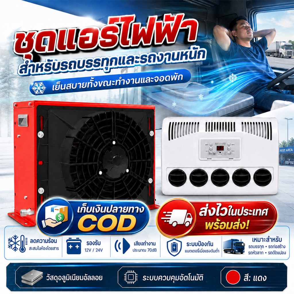 แอร์ DC 12V/24V 9000BTU แอร์ไฟฟ้ารถยนต์ สำหรับเครื่องจักรกลหนัก รถแบคโฮ รถบรรทุก ติดตั้งง่ายมาก