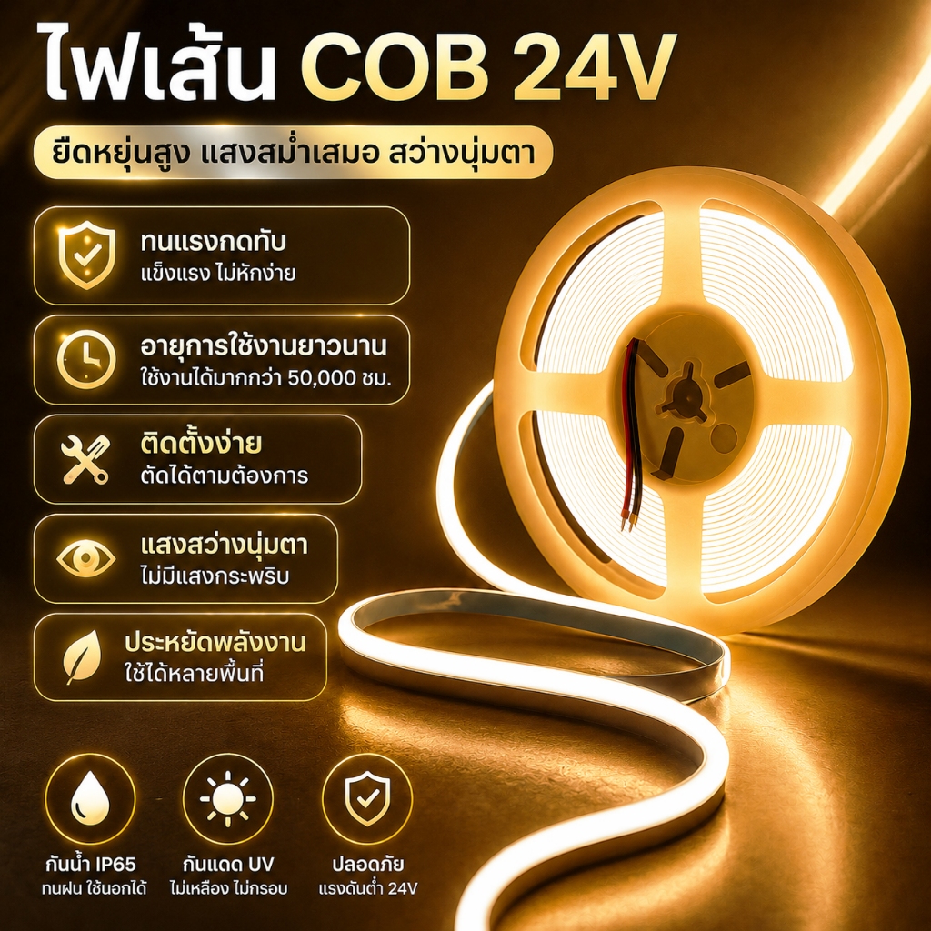 ไฟ LED Strip ขนาด 5M/10M/30M COB ความหนาแน่นสูงไดโอดยืดหยุ่นพร้อมแสง 3000K/4000K/6500K หรี่แสงได้ DC12V 24V