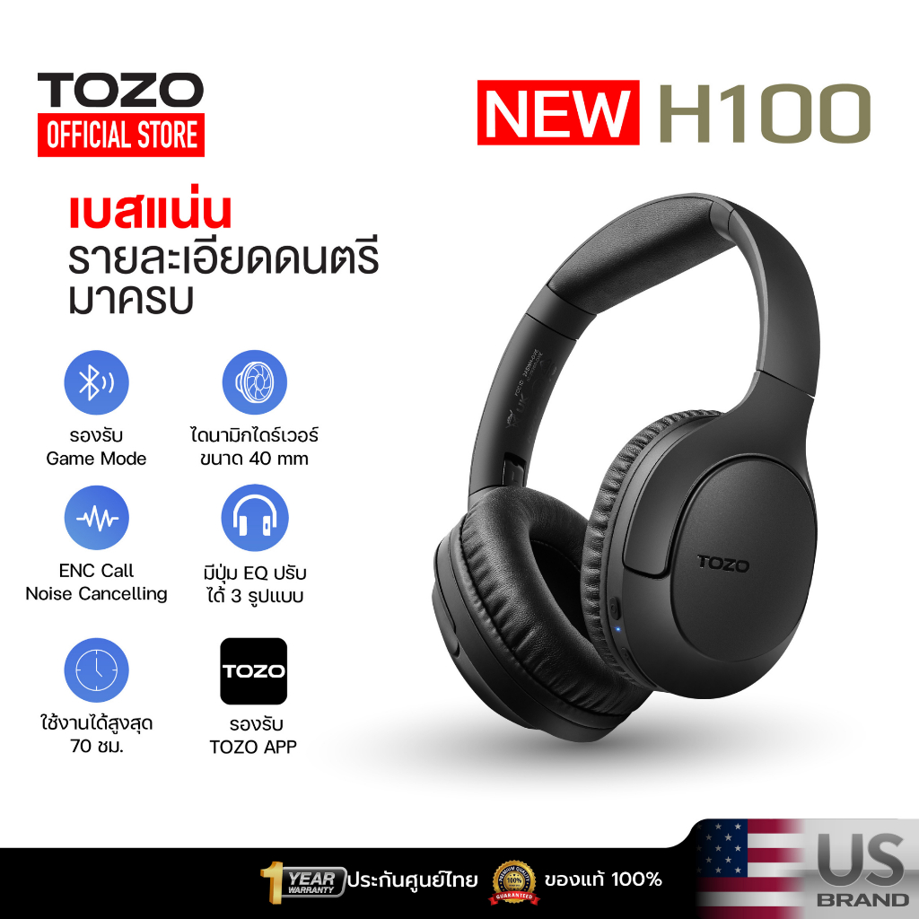 [ประกันศูนย์ไทย] TOZO H100  หูฟัง Headphone หูฟังครอบหู หูฟังครอบหูไร้สาย หูฟังไร้สาย BT 5.4