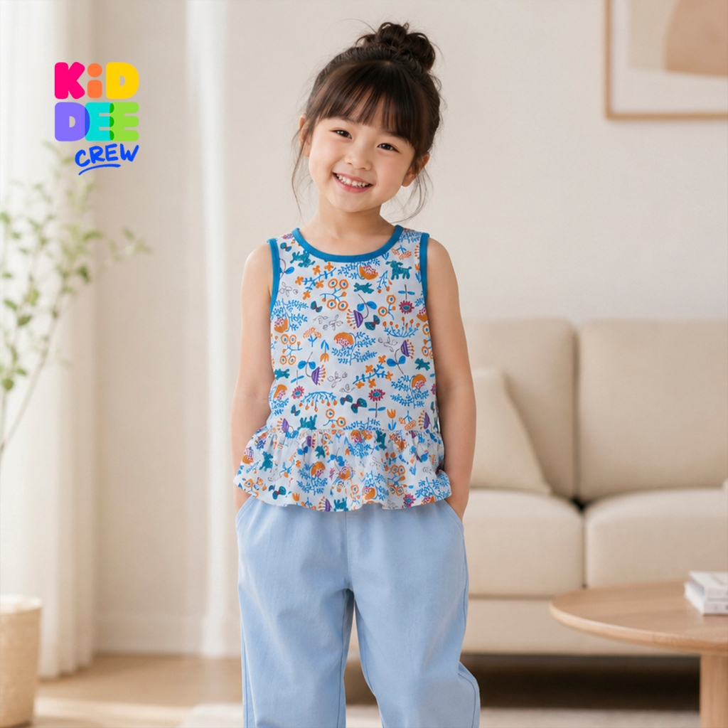 KiddeeCrew เสื้อกล้ามเด็ก ครีมลายดอกไม้ฟ้า เหมาะสำหรับอายุ 1-8 ปี