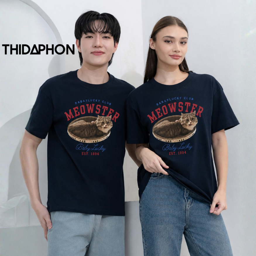 THIDAPHON เสื้อยืด สกรีนลายแมว Oversize เสื้อยืดคู่ เสื้อยืดผู้หญิง ผู้ชาย ผ้านิ่ม ใส่สบาย  ผ้าคอตตอน100% ส่งด่วนกทม