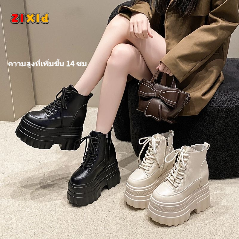 14cm รองเท้าคอสสีดําอารมณ์รองเท้าบูทสั้นรองเท้าบูทอัศวินรองเท้าซิปด้านรองเท้าบูทกลาง