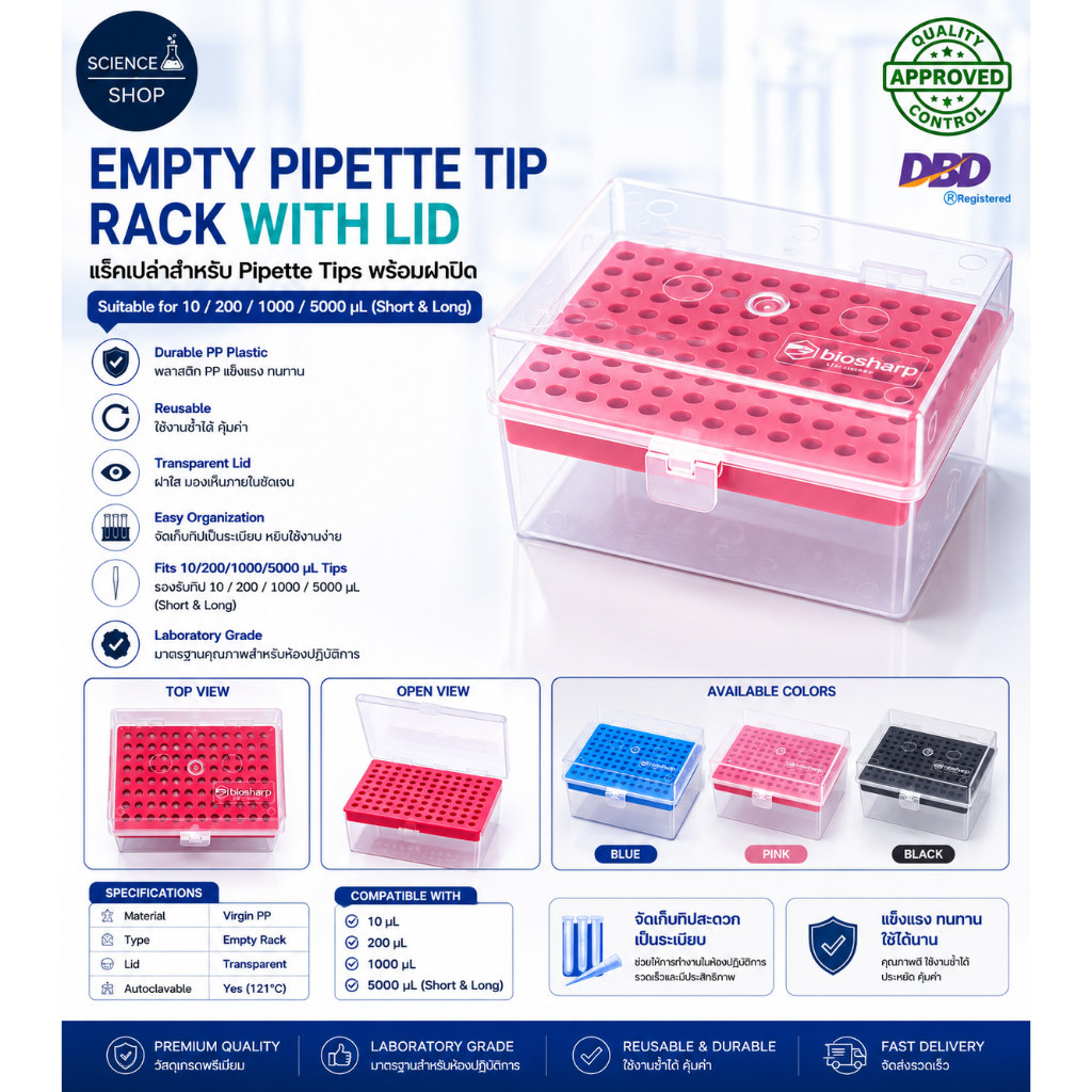 Empty Rack (แร็คเปล่า) สำหรับ Pipette Tips 10/200/1000 uL และ 5000 (ยาว) uL พร้อมฝา