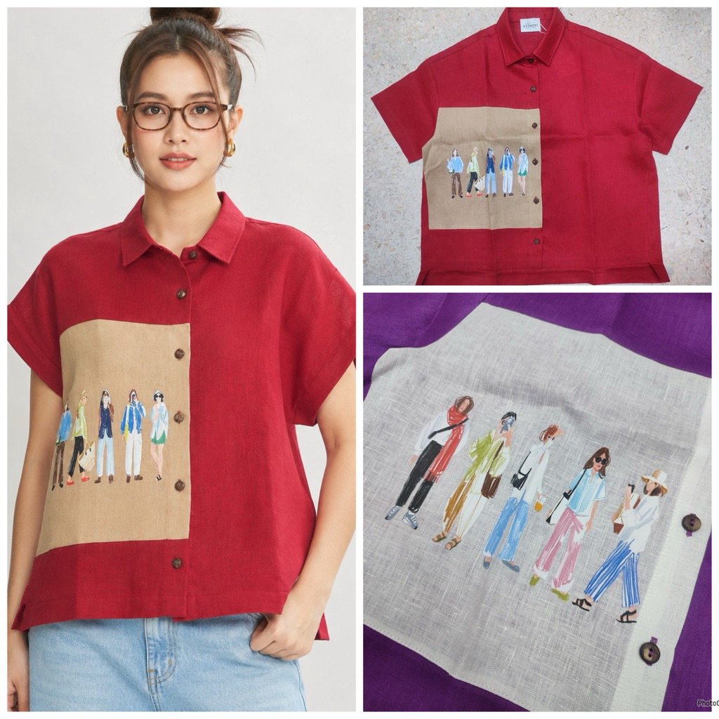 ✅ส่งฟรี 🚚 พร้อมส่ง สีแดง✅  เสื้อลินินเชิ้ต อก46” แต่งสกรีน 5thJan Atimiti