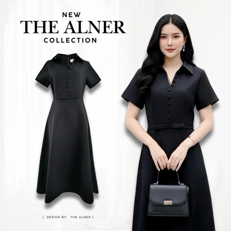 Thealner- AN474 (เดรสดำคอปกแขนสั้นแต่งกระดุมเล็ก)