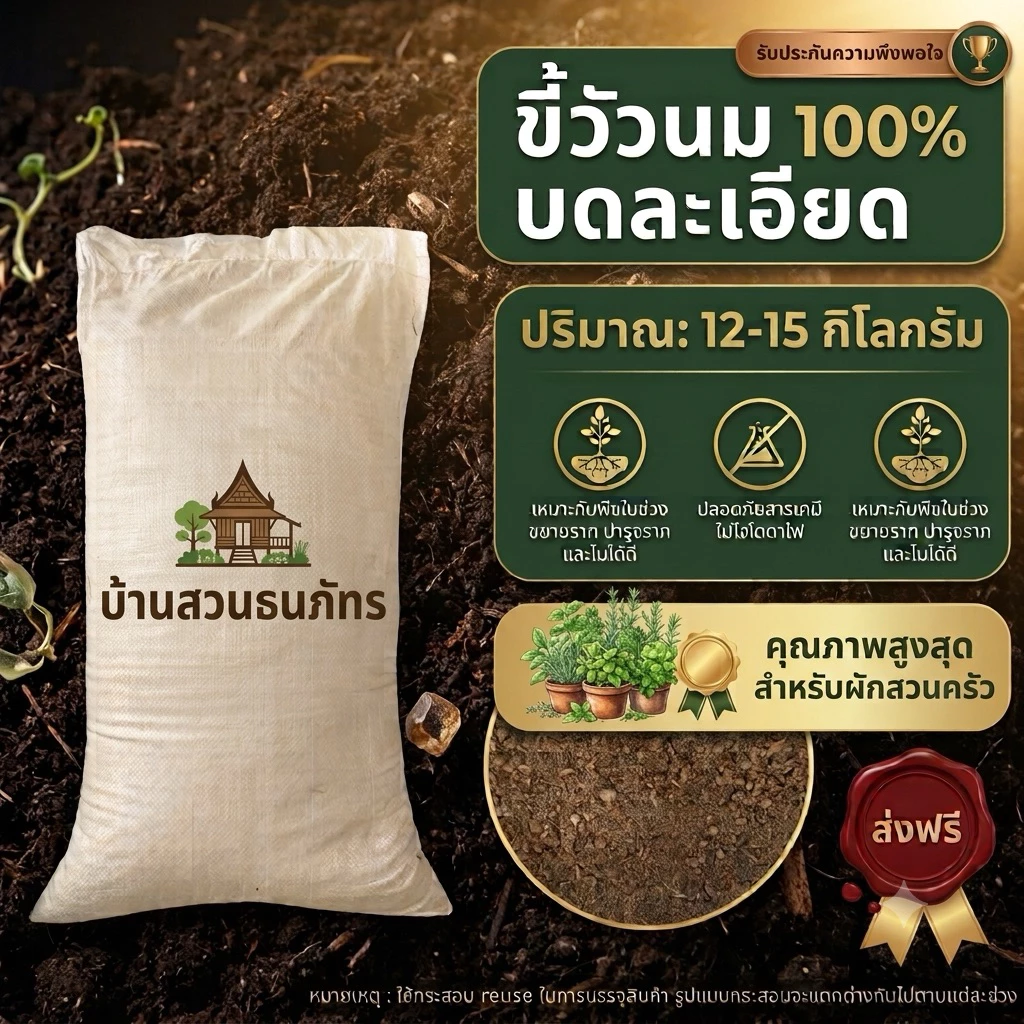 🐄🌱 ขี้วัวแห้งคุณภาพ บรรจุกระสอบ พร้อมส่ง! 15 กิโลกรัม