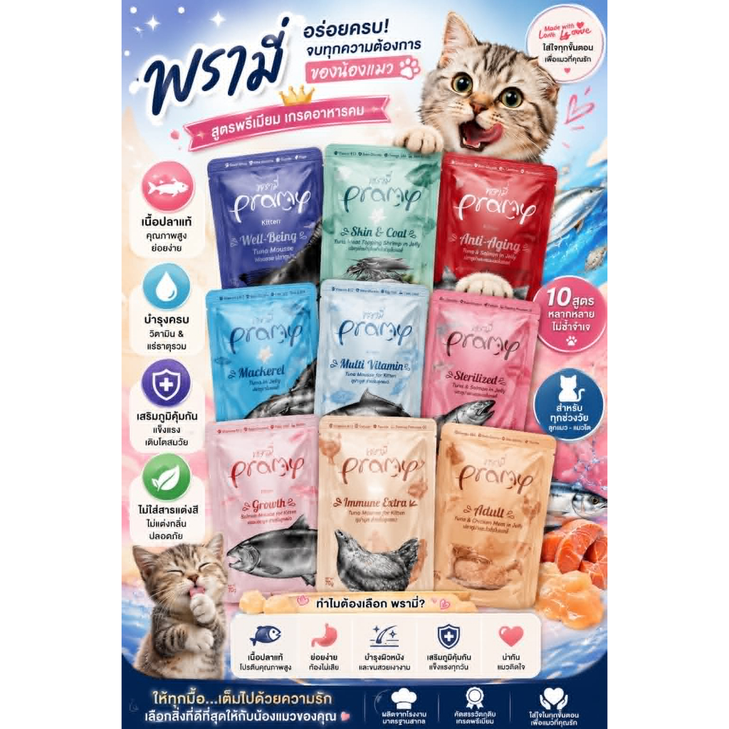 Pramy อาหารเปียกแมว 70g ยกโหล 12 ซอง ครบทุกรส สูตรบำรุงสุขภาพ ของแท้ พร้อมส่ง