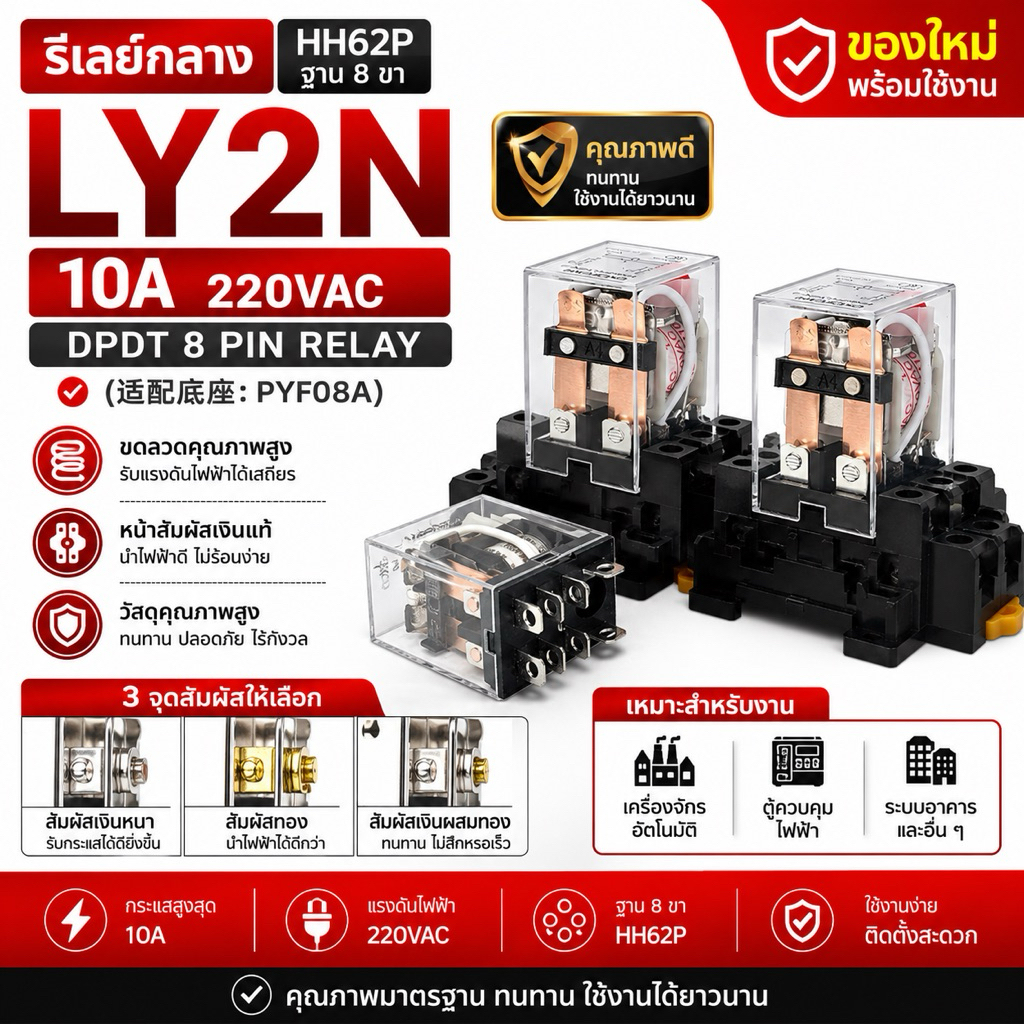 LY2  10A  RELAY 12VDC , 24VDC,110V, 220VAC +Socket ได้ทั้งชุดรับประกัน7วัน