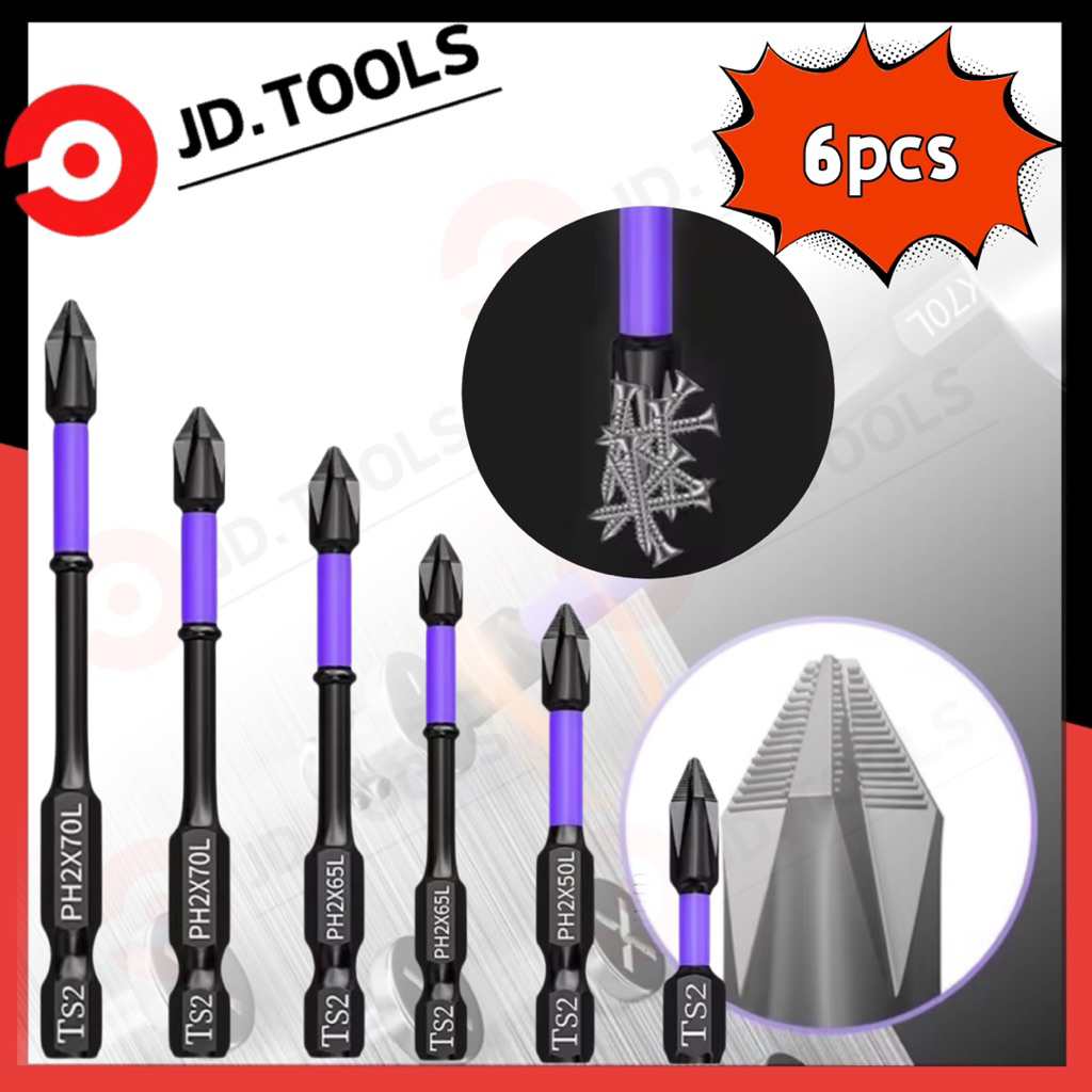 6pcs ชุดดอกไขควงแม่เหล็กกันลื่น6.25mmสำหรับเครื่องมือไฟฟ้าไดรเวอร์แรงกระแทก ดอก กันกระแทกลื่นข้ามแม่เหล็ก