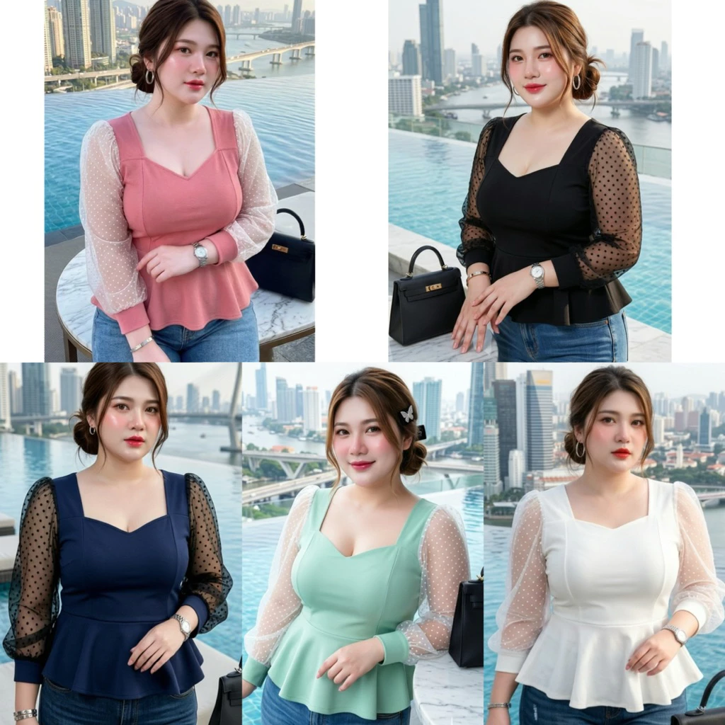 เสื้อใส่ทำงาน งานบุญ ไปวัด สาวอวบอ้วน แขนมุ้งจุดกำมะหยี่ สีดำ สีขาว สวยปิดพุงพลางหุ่น อก 46-56 นิ้ว