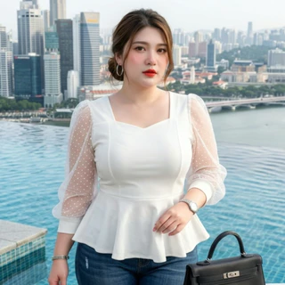 เสื้อใส่ทำงาน งานบุญ ไปวัด สาวอวบอ้วน แขนมุ้งจุดกำมะหยี่ สีดำ สีขาว สวยปิดพุงพลางหุ่น อก 46-56 นิ้ว