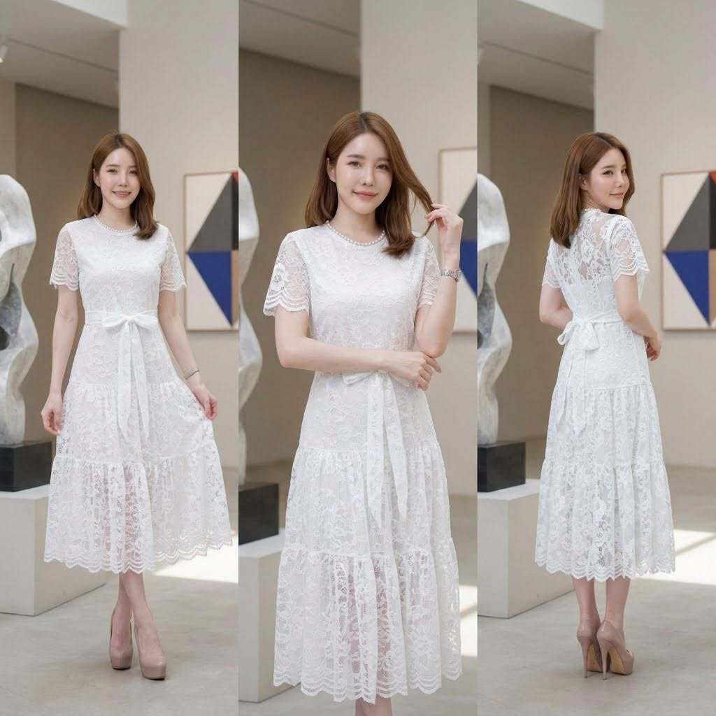 hbstation.shop เสื้อผ้าแฟชั่น เดรสลูกไม้ สีขาว พร้อมส่ง
