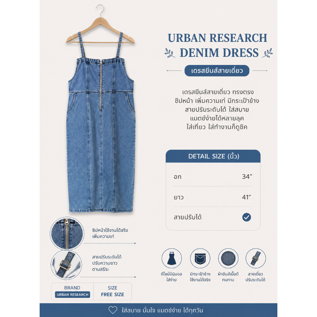 ITEMS Urban Research เดรสยีนส์สายเดี่ยว ซิปหน้า สายปรับได้ กระเป๋าข้าง ฟรีไซซ์