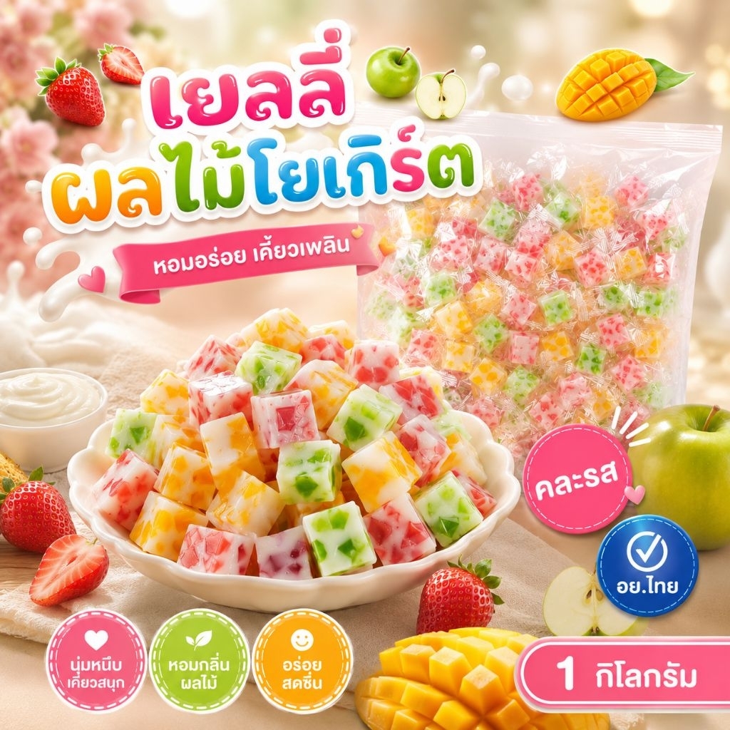 เยลลี่ผลไม้โยเกิร์ต 1 กิโลกรัม อย.ไทย คละรส เยลลี่นุ่มหอมผลไม้ | หมดอายุ มกราคม 2570