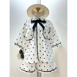 (ส่งด่วน) Polka dot Set.....งานเซต 2 ชิ้นสุดน่ารัก เสื้อเชิ้ตแขนสั้นกุ๊นตัดสี แมทกับขาสั้นลายจุด Bigsize อก 40-54“ (PL)