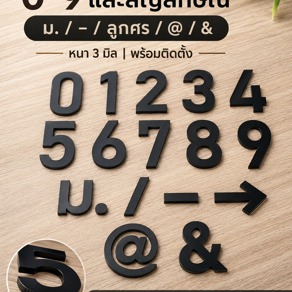 ตัวเลขอะคริลิค 0-9 สีดำเงา หนา 3 มิล (ไม่มีกาวในตัว)