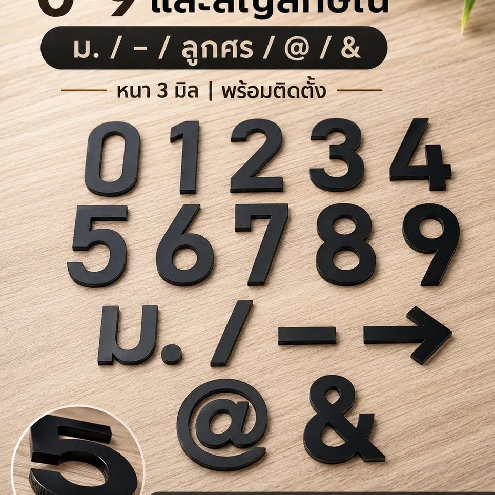 ตัวเลขอะคริลิค 0-9 สีดำเงา หนา 3 มิล (ไม่มีกาวในตัว)