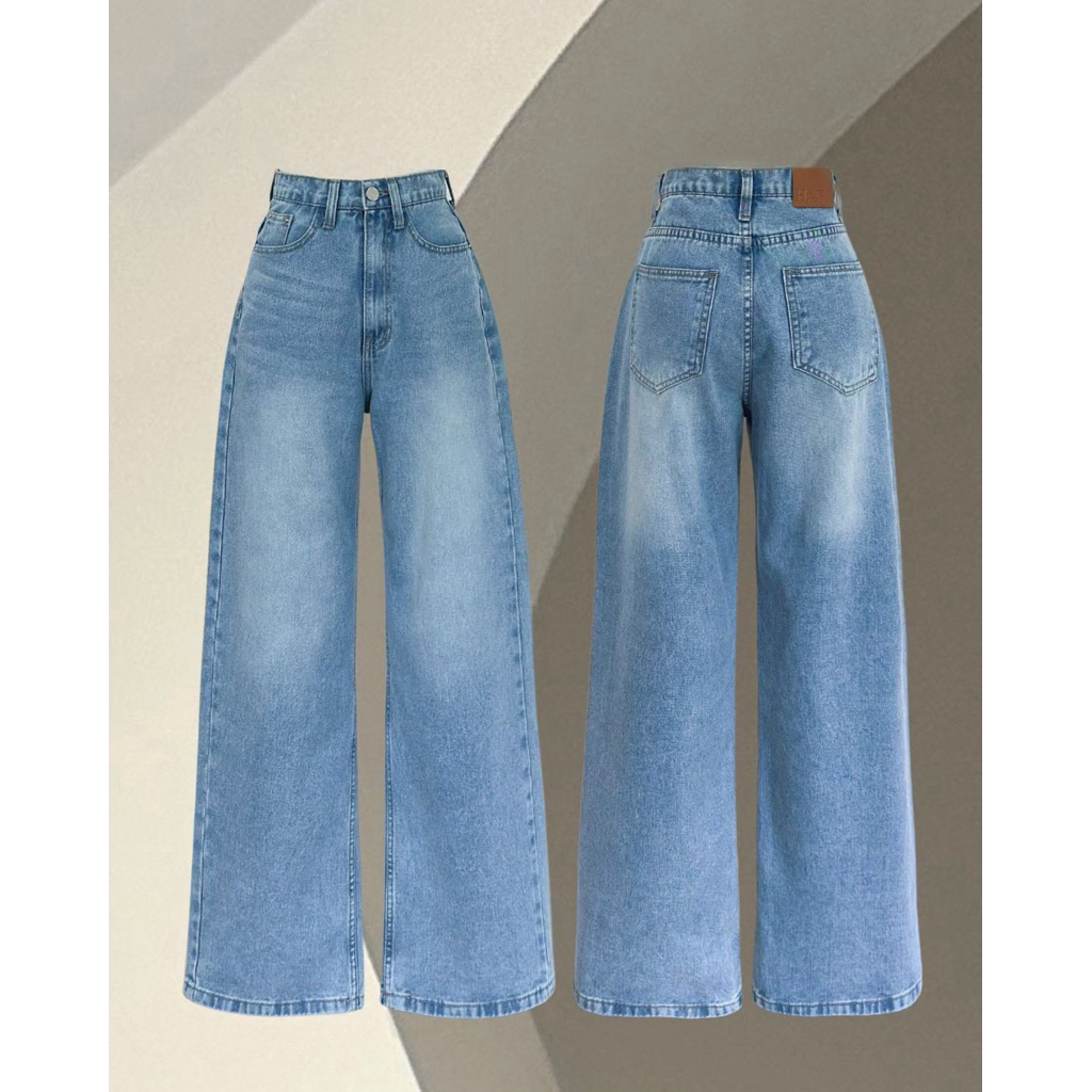 HANABRAND: Cloud Jeans  รหัส HN52 Sky Blue (ยีนส์อ่อน)  กางเกงยีนส์ขากระบอกใหญ่ทรงสวย