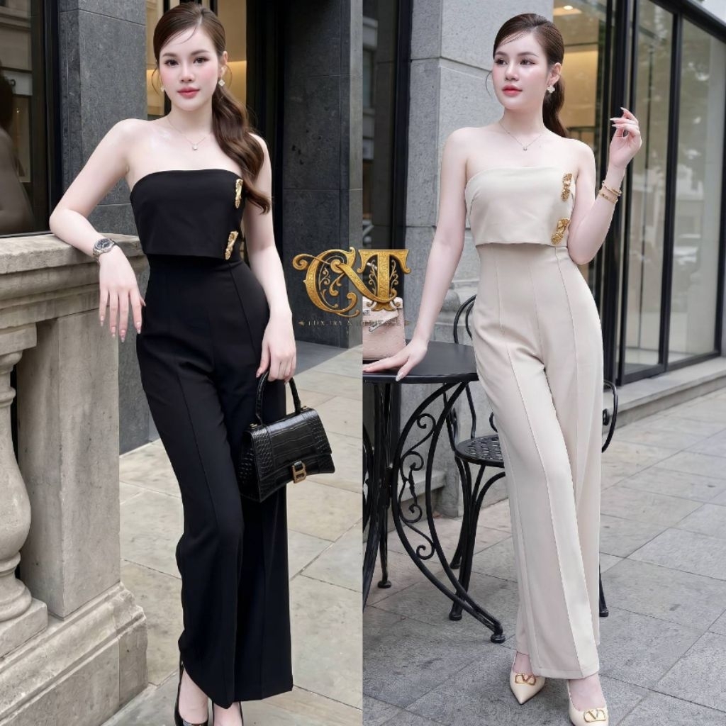 Cha-tham จั้มสูทเกาะอกทรงสวย ขากระบอกกลาง โทนสีเรียบโก้ อกเสริมฟองน้ำ