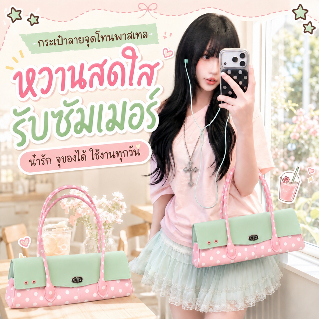 🔥🍓กระเป๋าเจลลี่ผู้หญิง Jelly Bag 2026 รุ่นใหม่มาแรง สไตล์เกาหลี ins กระเป๋าลายจุดทรงบาแกตต์ รับซัมเมอร์ สะพายไหล่ถือได้💖