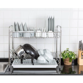 KOWAHOMEWARE S007 ชั้่นคว่ำจานสเตนเลส2ชั้นใหญ่มีถาดรองน้ำในชุดรวมที่ใส่ช้อนสเตนเลสพร้อมถาดรองน้ำStainless Steel SuS 304