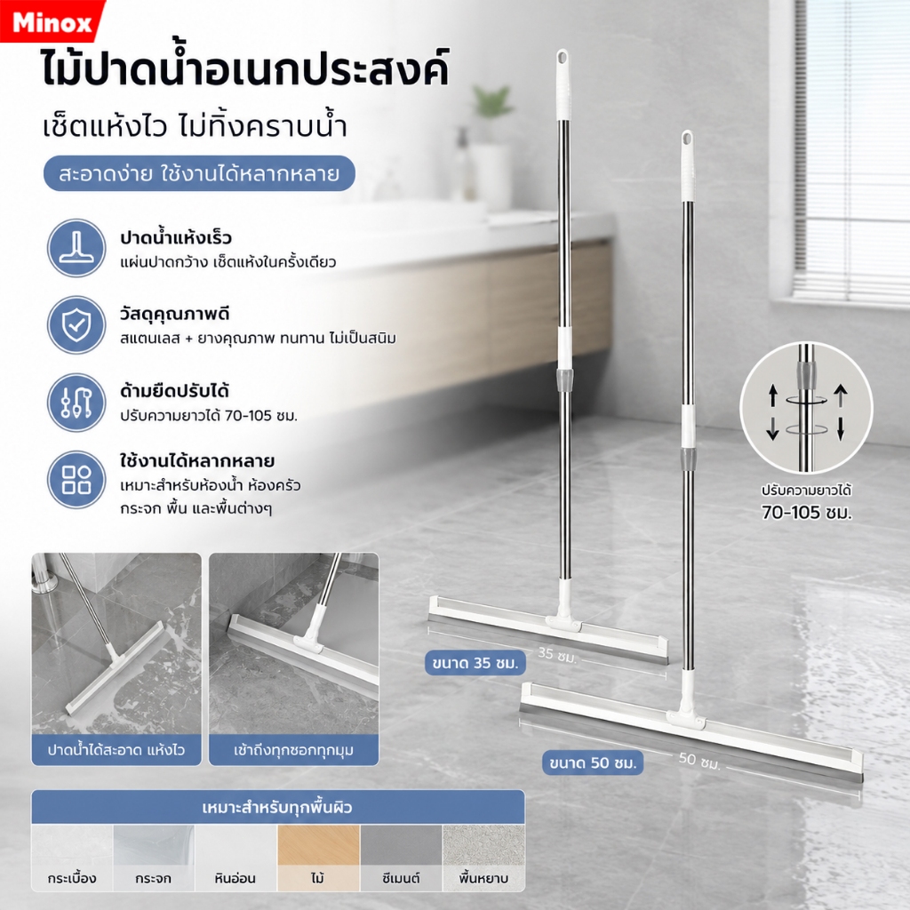 ไม้ปาดน้ำ ไม้รีดน้ำพื้น ไม้กวาด ไม้รีดน้ำ ไม้ถูพื้น สำหรับกวาดน้ำและฝุ่น ปรับหมุนได้ 180° ล้างทำความสะอาดได้ง่าย