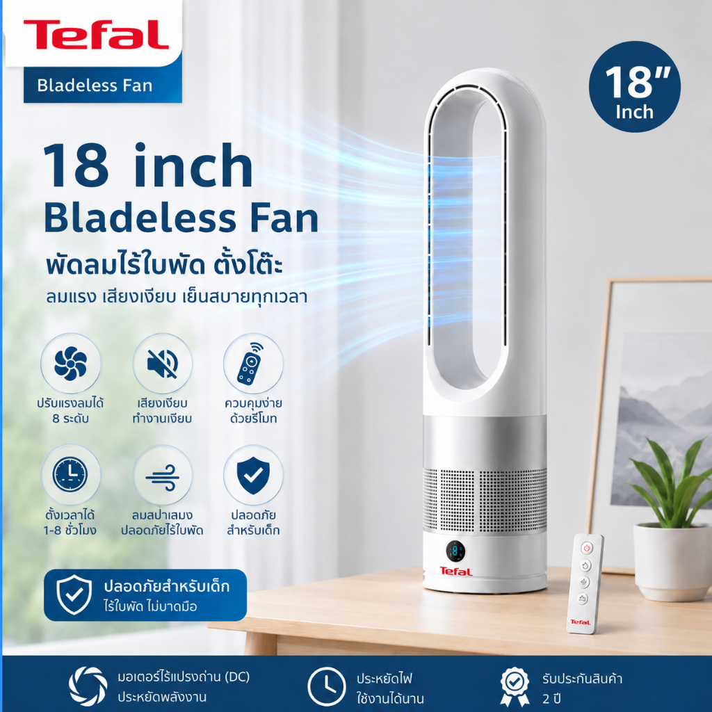 Tefal 18 Inch Bladeless Fan พัดลมไร้ใบพัด เสียงเงียบ ปรับแรงลม 8 ระดับ รีโมทคอนโทรล ตั้งเวลาได้ ปลอดภัยสำหรับเด็ก